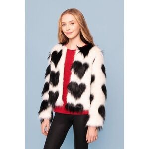 Kids Faux Fur Coat Jacket Black Heart Print Girls Trendy Outerwear